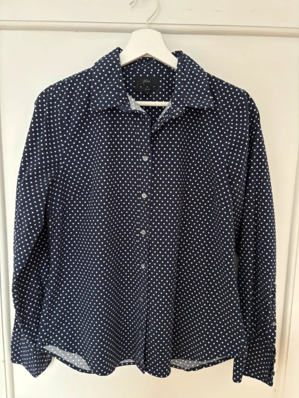 Navy Blue & White Polka Dot Slim Fit Button-Up Blouse Women’s L